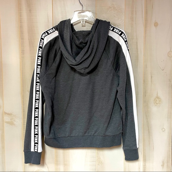 VS Pink Gray Full Zip Up White Stripe Sleeves Hoodie Jacket Sz L - Picture 2 of 5